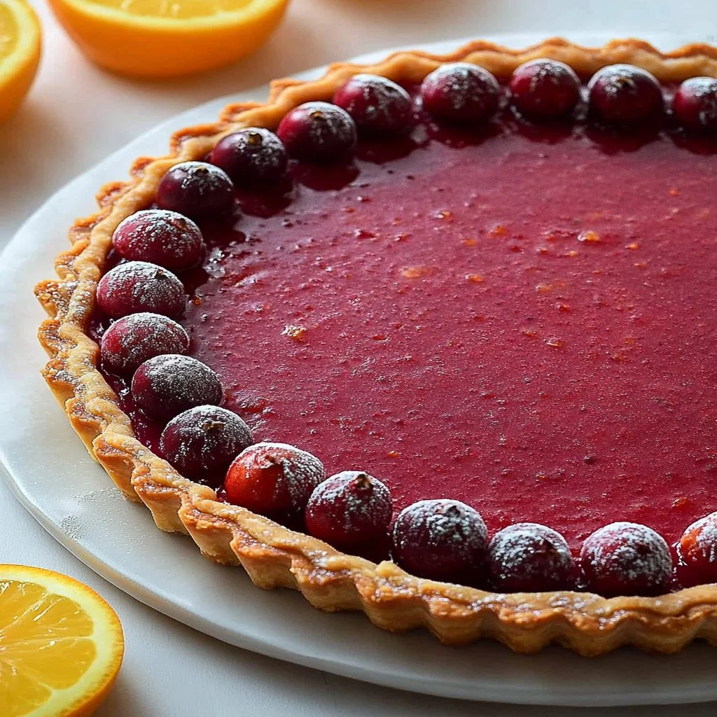 A beautiful Cranberry-Orange Curd Tart topped with cranberries and orange zest.