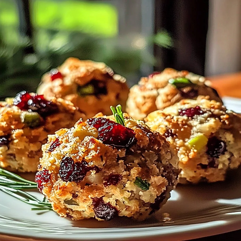Cranberry Turkey Stuffing Balls served on a festive platter