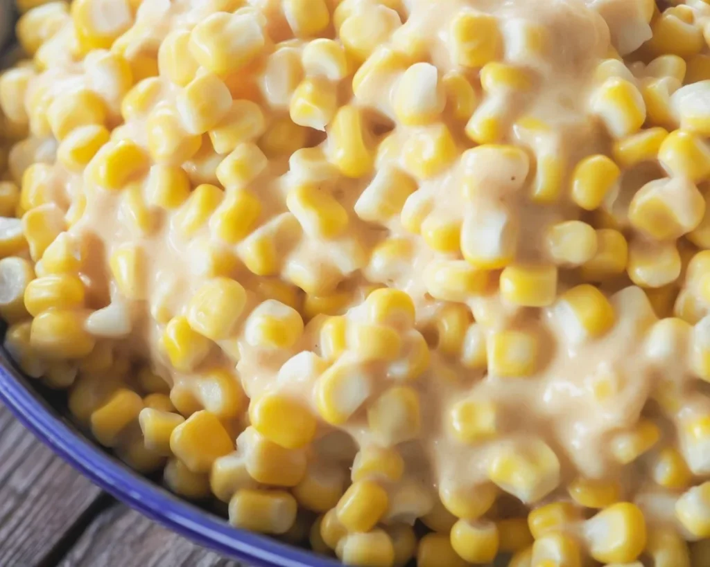 Delicious bowl of the BEST Crockpot Creamed Corn served as a side dish.