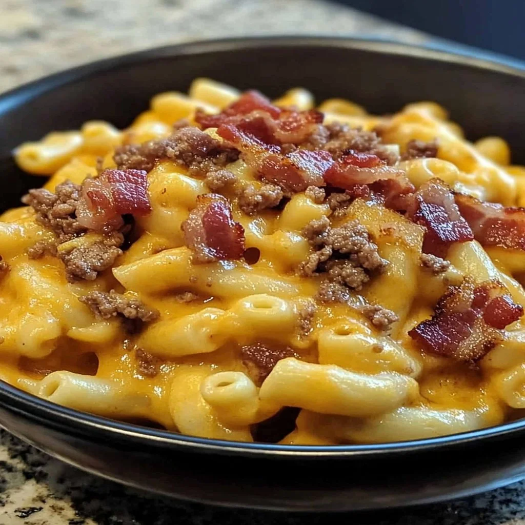 Creamy bacon mac and cheese dish topped with crispy bacon and cheese