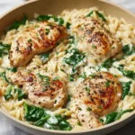 Creamy Boursin orzo dish with chicken, fresh herbs, and vibrant vegetables