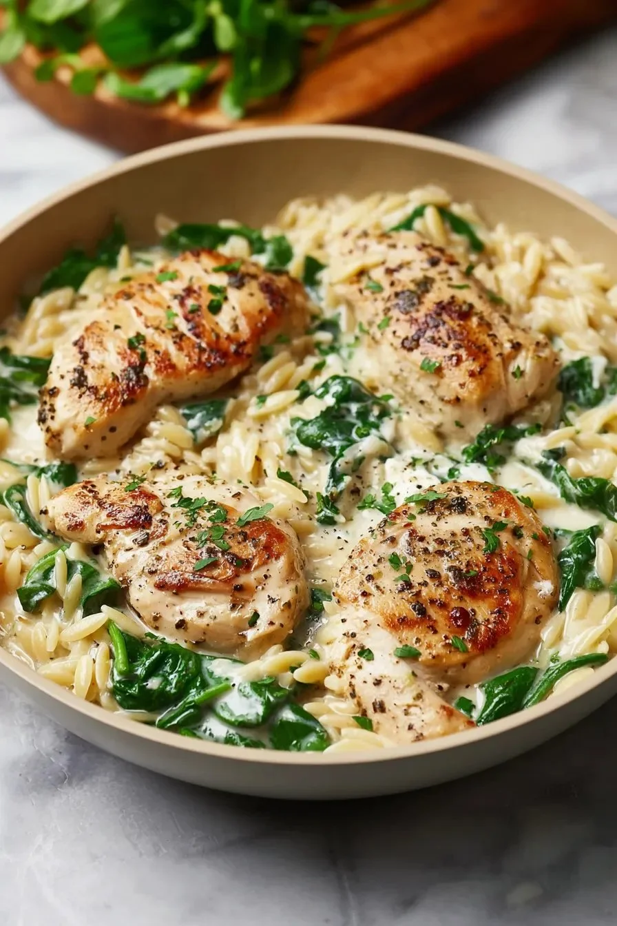 Creamy Boursin orzo dish with chicken, fresh herbs, and vibrant vegetables
