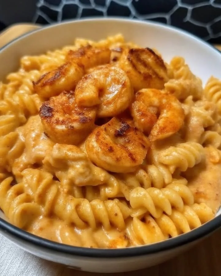 Creamy Cajun shrimp and chicken pasta dish served in a bowl