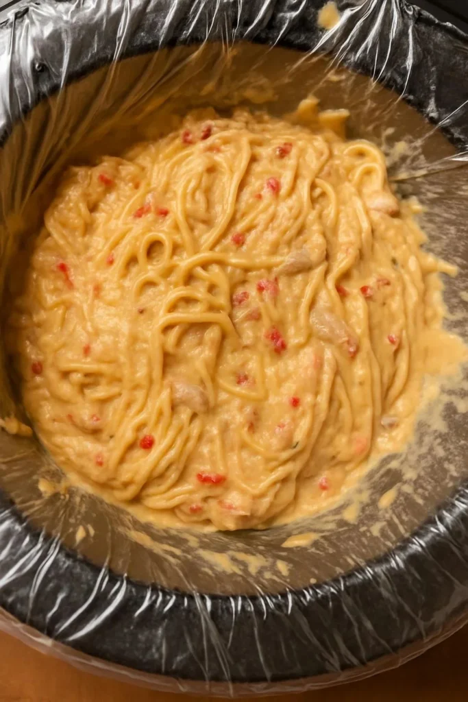 Creamy crockpot chicken spaghetti served in a bowl with herbs