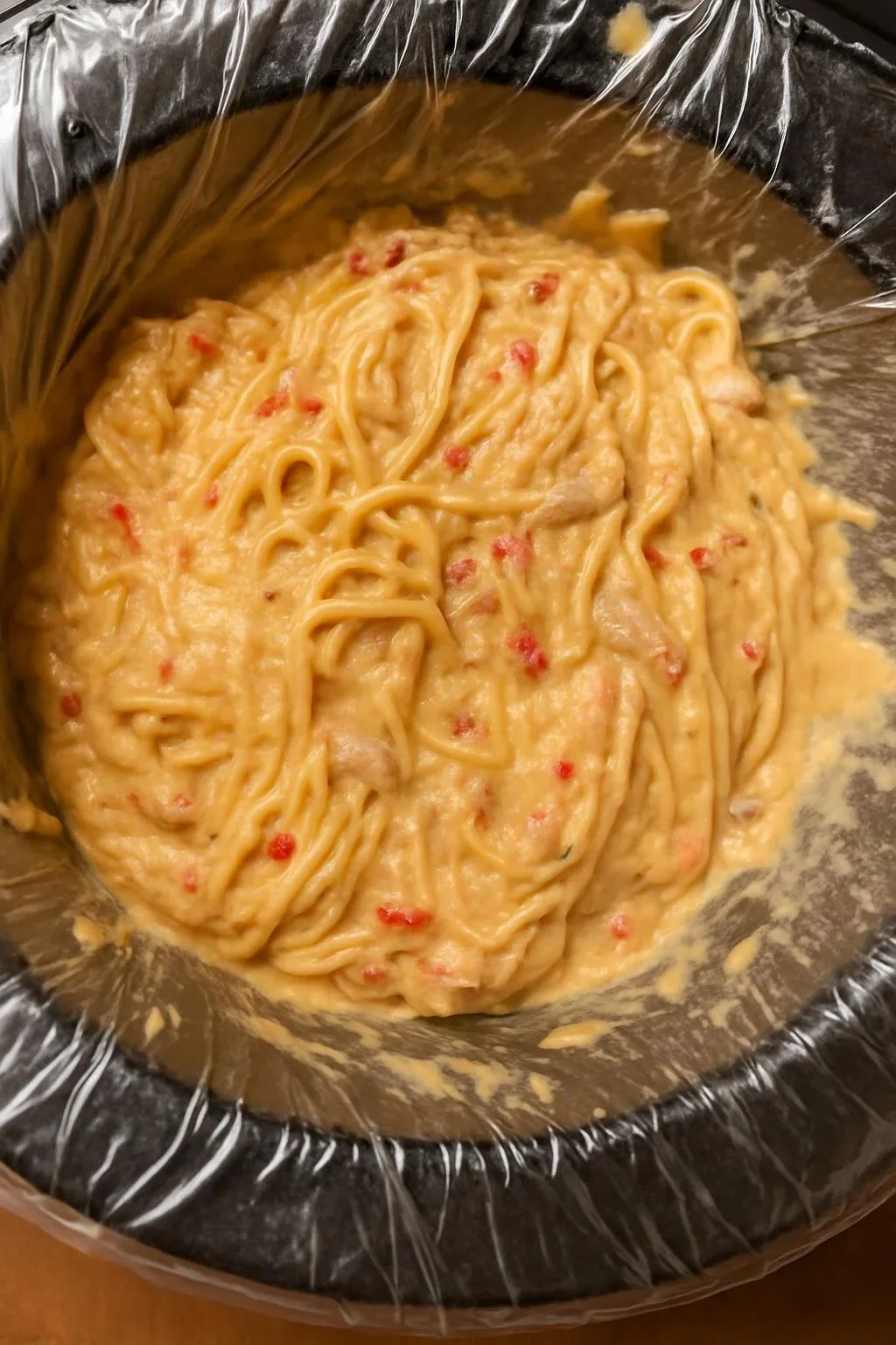 Creamy crockpot chicken spaghetti served in a bowl with herbs