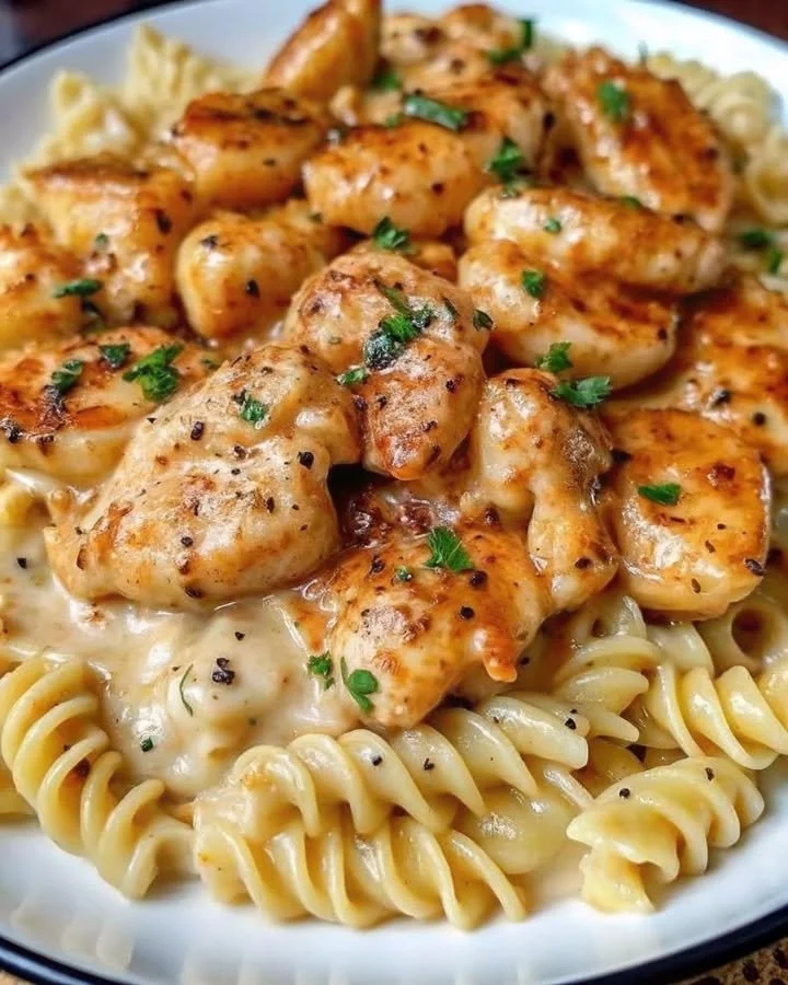 Creamy garlic butter chicken served with rotini in parmesan sauce