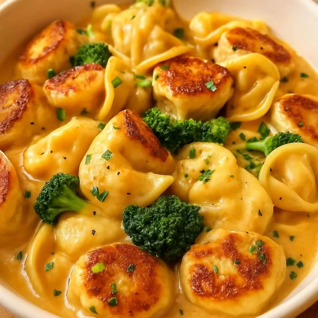 Creamy garlic parmesan tortellini with chicken and broccoli in a serving dish