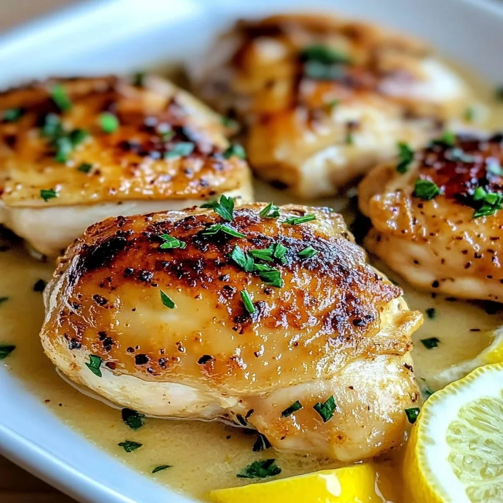 Creamy lemon chicken thighs served with fresh herbs and lemon slices