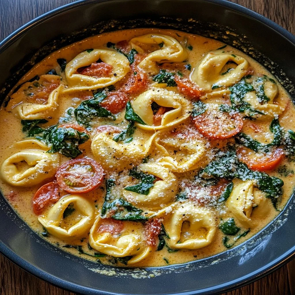 Creamy spinach tomato tortellini served in a bowl with fresh herbs