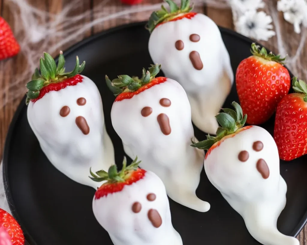 Homemade Boo-tiful Berry Ghost treats decorated for Halloween celebration.