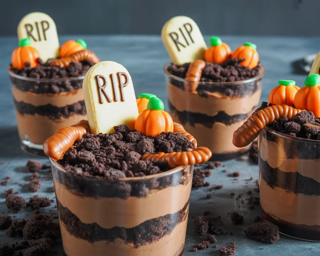 Graveyard Pudding Cookie Cups with chocolate pudding, cookie crumbles, and Halloween decorations.