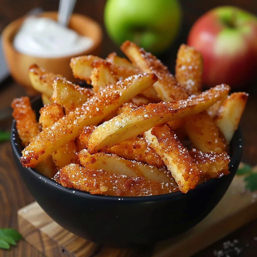 Crispy air fryer apple fries served in a bowl with cinnamon sugar