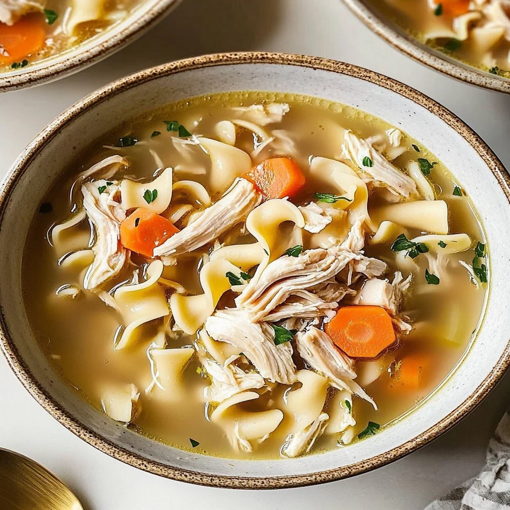 Crockpot chicken noodle soup served in a bowl with herbs and vegetables.