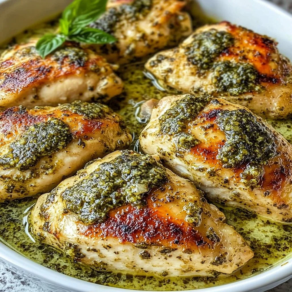 Crunchy baked pesto chicken thighs garnished with fresh herbs