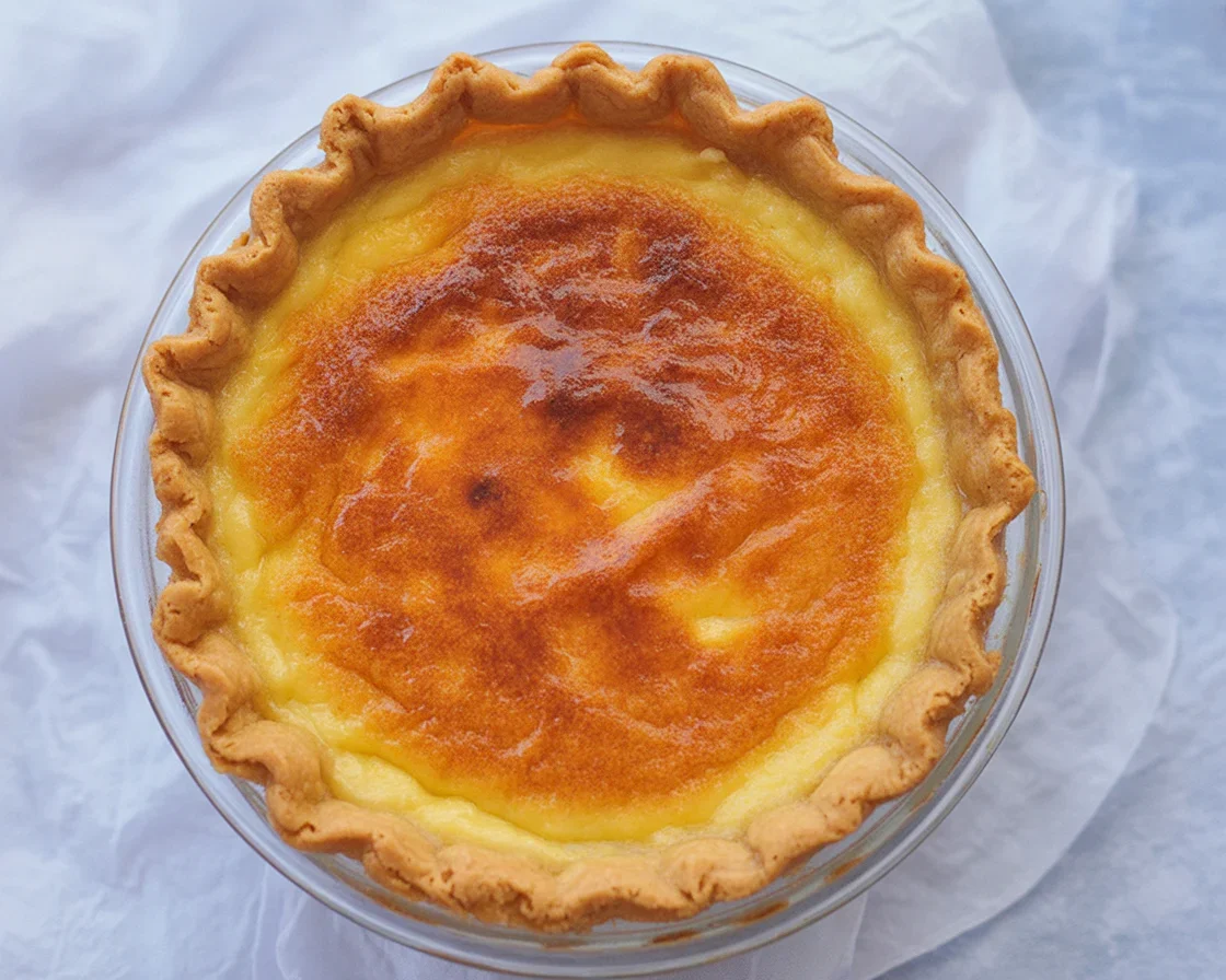 Delicious Creme Brulee Pie with creamy custard and caramelized sugar topping