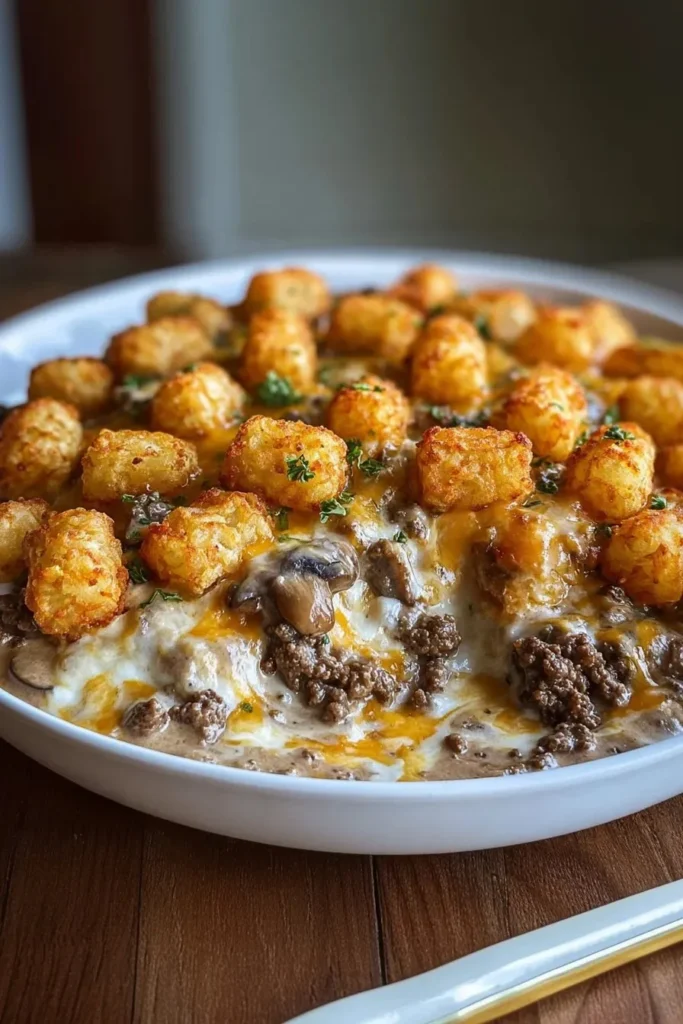 Delicious Angel Beef Casserole topped with cheese and herbs, ready to serve.