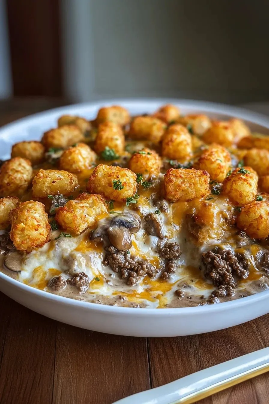 Delicious Angel Beef Casserole topped with cheese and herbs, ready to serve.