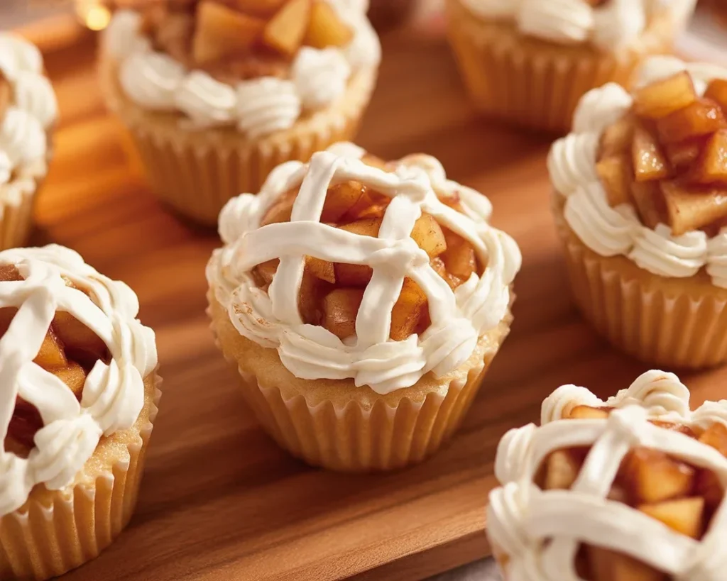 Delicious Apple Pie Cupcakes topped with vanilla cinnamon frosting and apple pie filling.