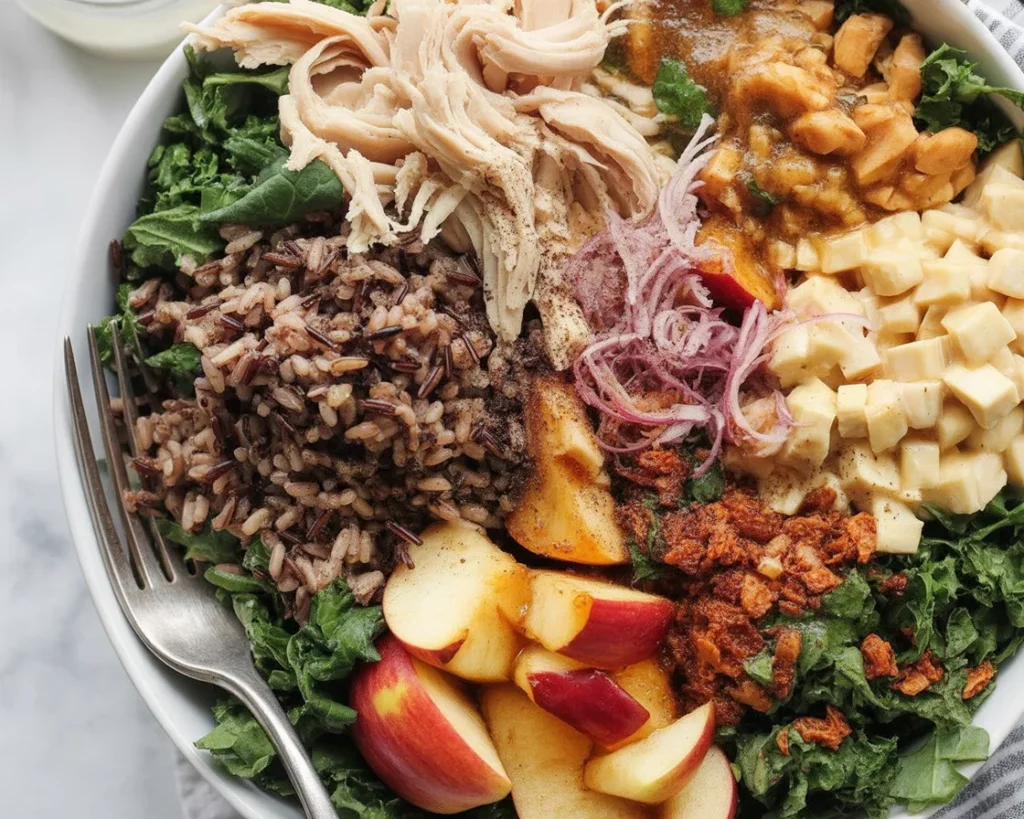 A colorful Autumn Harvest Grain Bowl with roasted veggies, grains, and maple dressing.