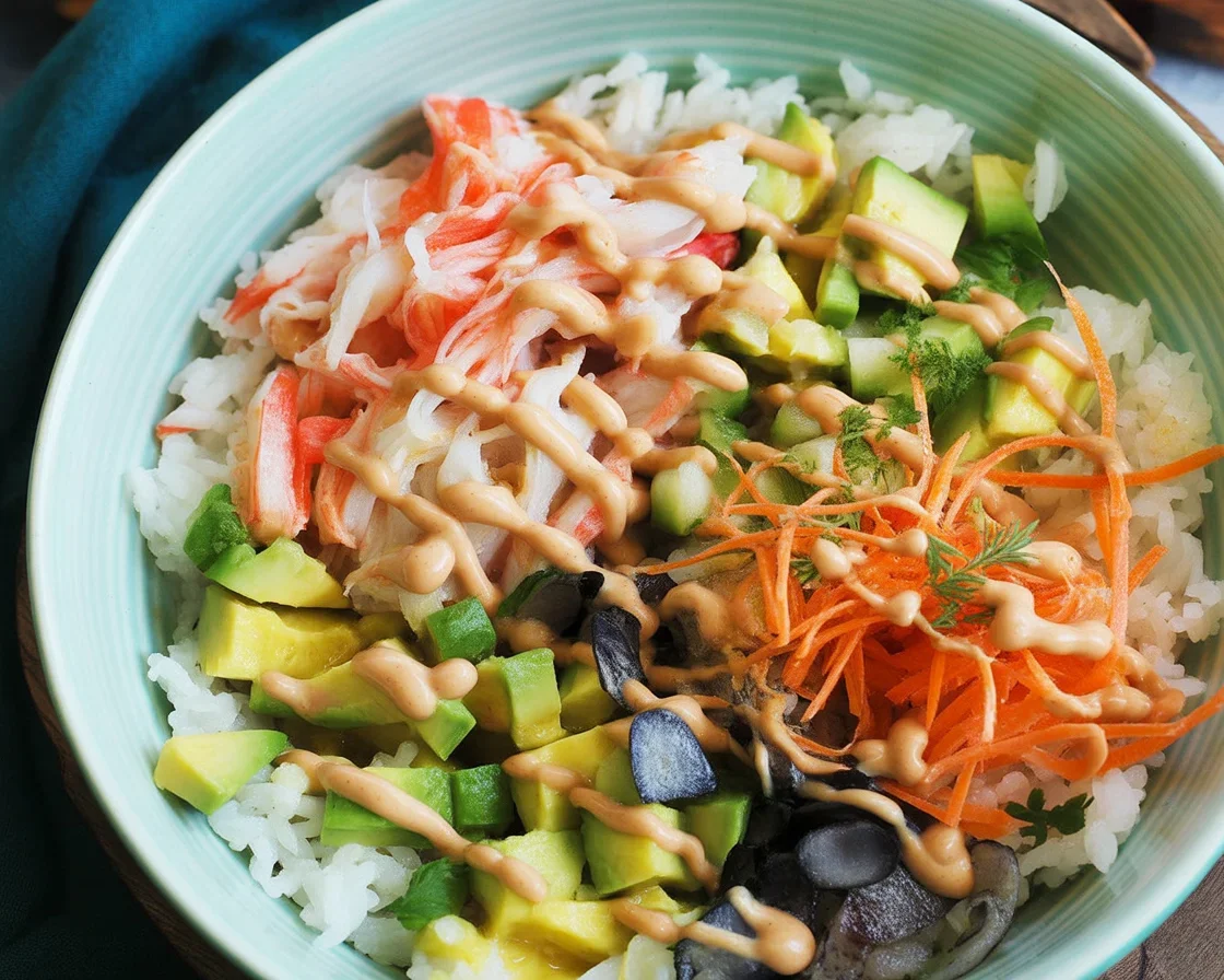 Delicious California Roll Sushi Bowl with imitation crab, avocado, and veggies