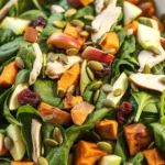 Colorful Chopped Fall Harvest Salad with roasted sweet potatoes and fresh apples.