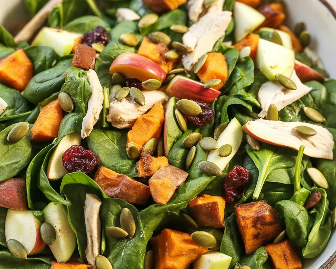 Colorful Chopped Fall Harvest Salad with roasted sweet potatoes and fresh apples.