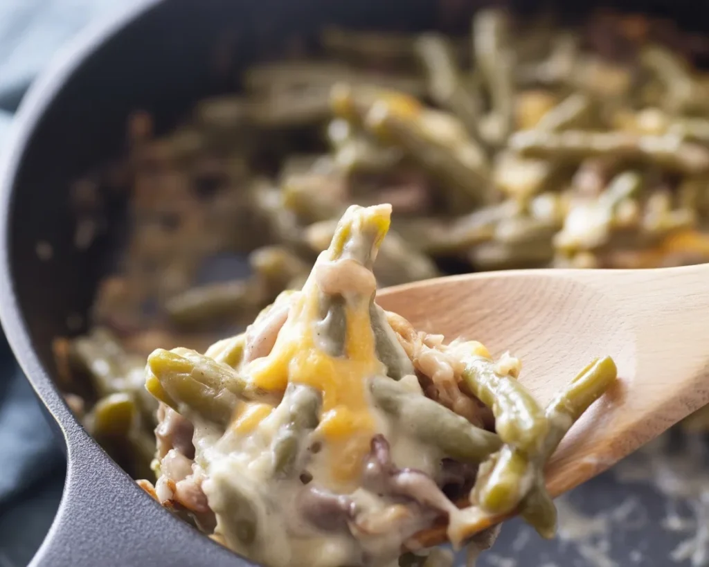 Delicious Cream Cheese and Beef Green Bean Casserole with ground beef and veggies.