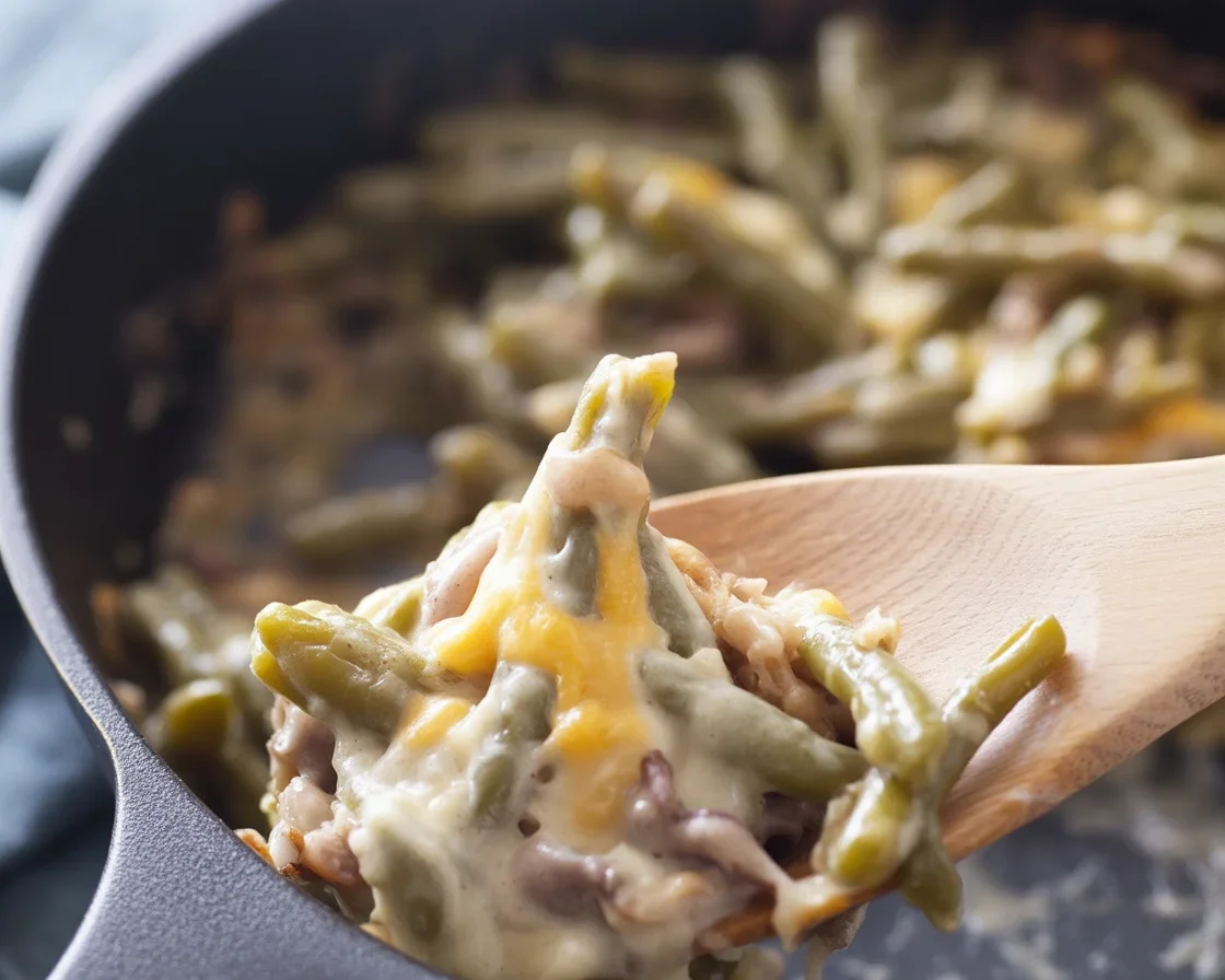 Delicious Cream Cheese and Beef Green Bean Casserole with ground beef and veggies.