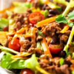 Delicious Dorito Taco Salad loaded with seasoned ground beef, fresh veggies, and crunchy chips.