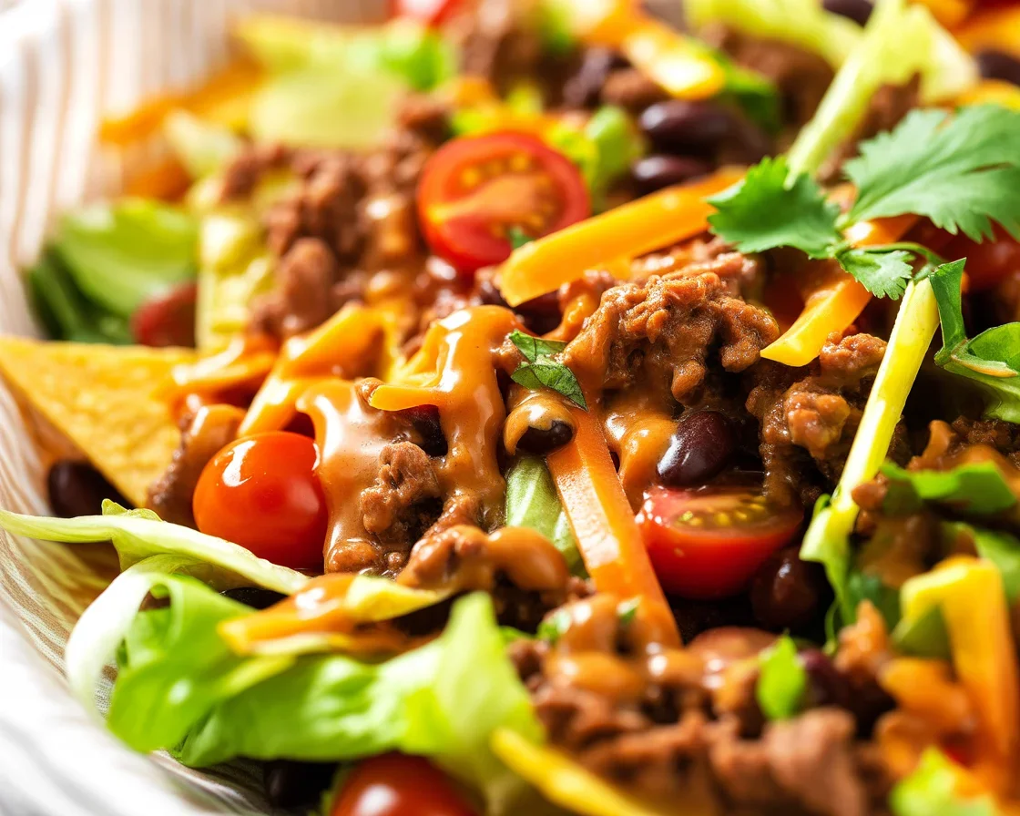 Delicious Dorito Taco Salad loaded with seasoned ground beef, fresh veggies, and crunchy chips.