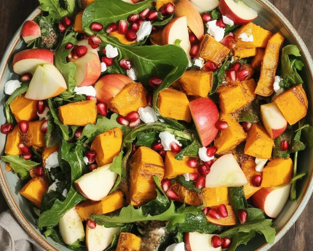 Colorful Fall Harvest Salad with Butternut Squash and Apple, topped with nuts and cheese.