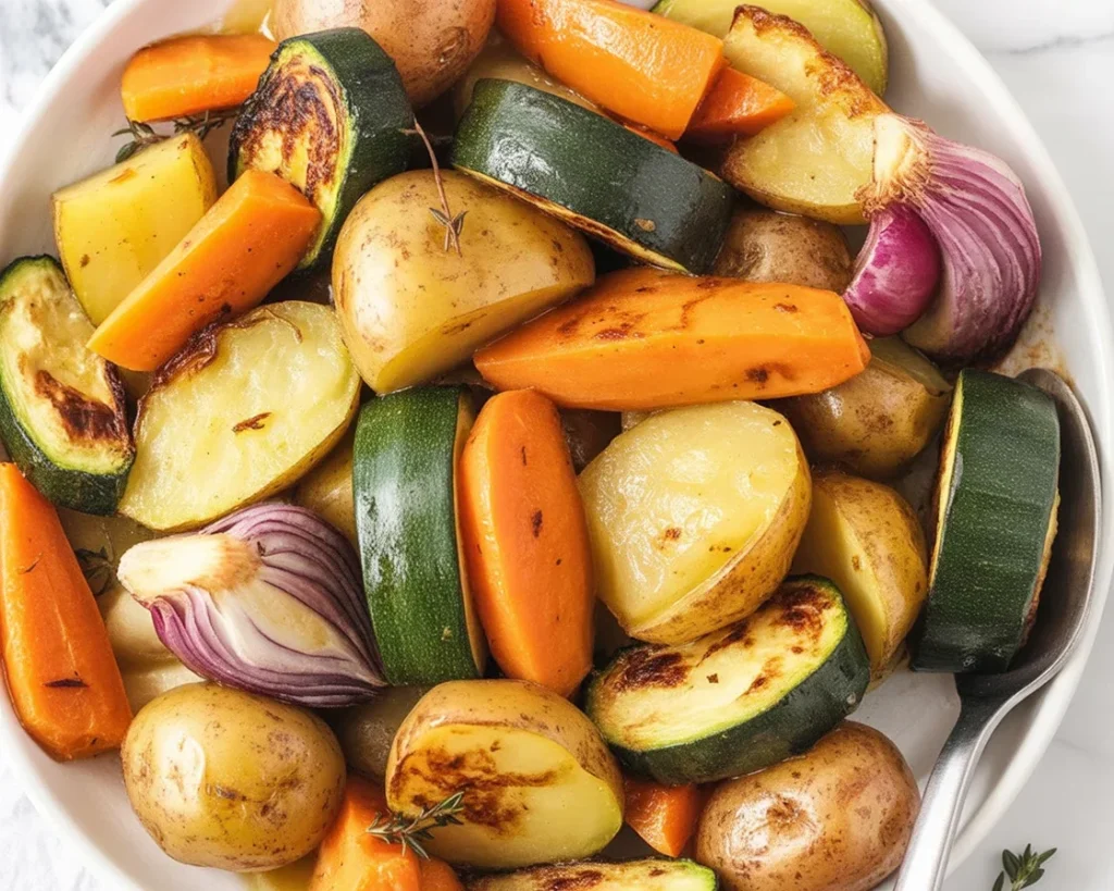 Garlic Herb Roasted Potatoes, Carrots, and Zucchini roasted to crispy perfection.