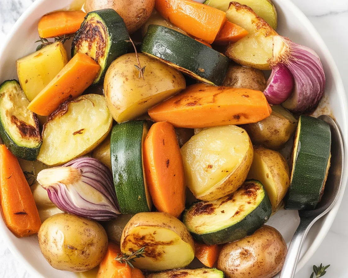 Garlic Herb Roasted Potatoes, Carrots, and Zucchini roasted to crispy perfection.
