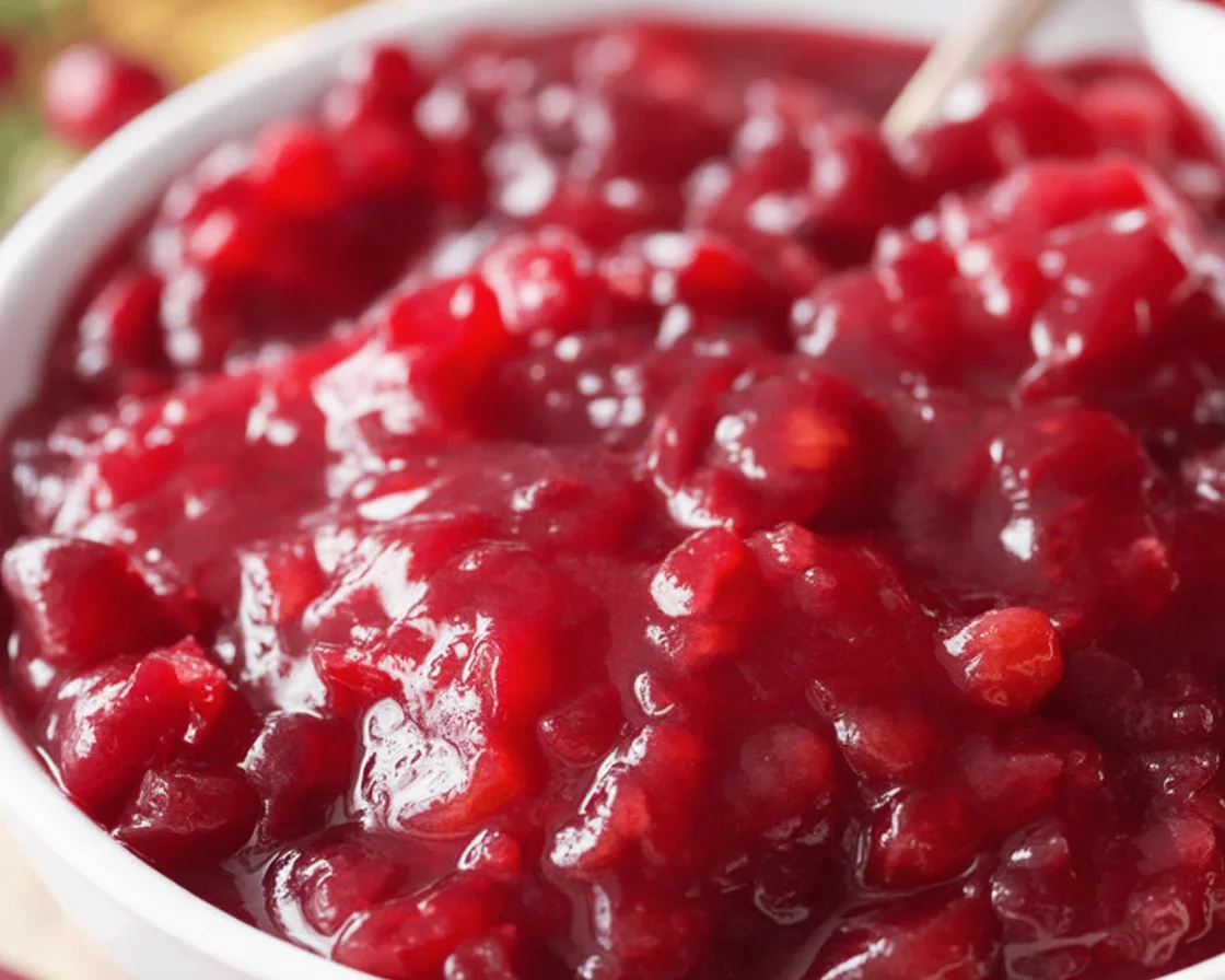 Bowl of homemade cranberry sauce made with fresh cranberries and orange zest.