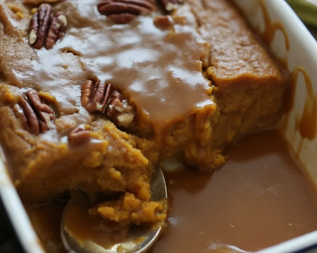 A delicious slice of Homemade Pumpkin Pecan Cobbler with a golden crust and pecan topping.