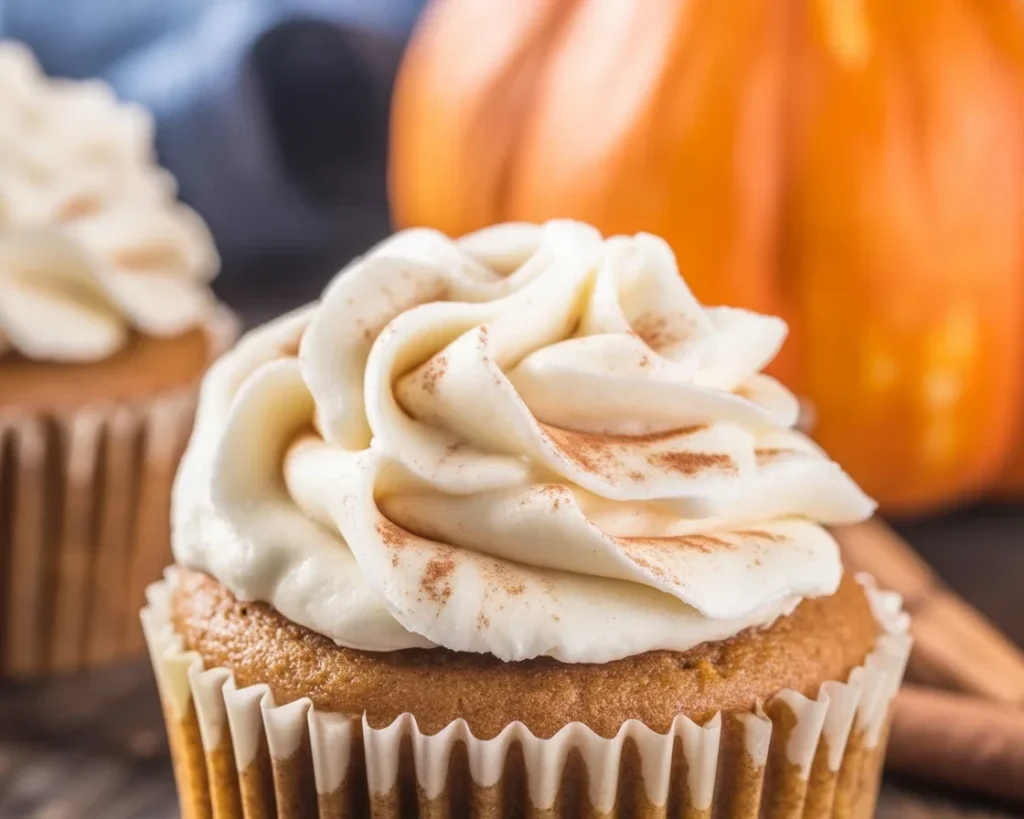 Moist Pumpkin Cupcakes topped with creamy cinnamon cream cheese frosting.