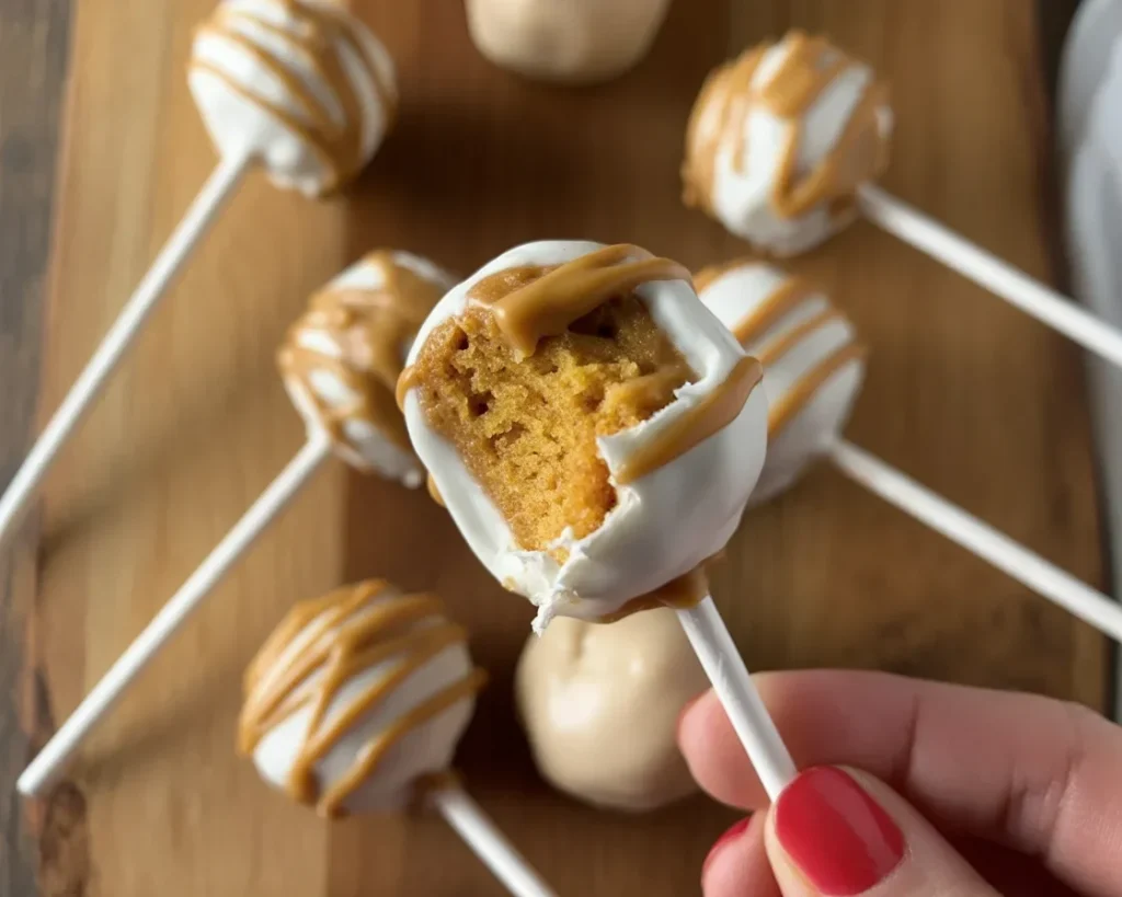 Delicious Pumpkin Pie Cake Pops ready for Thanksgiving dessert table.