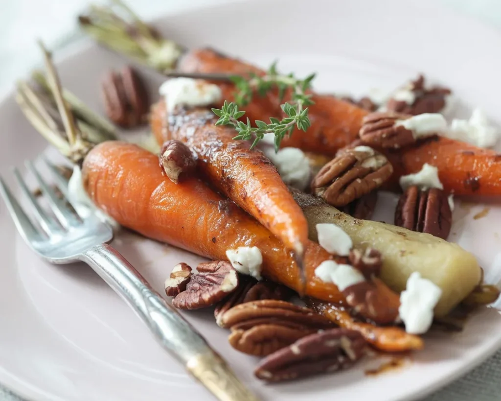 Roasted Carrots with Candied Pecans and Goat Cheese served on a colorful platter.