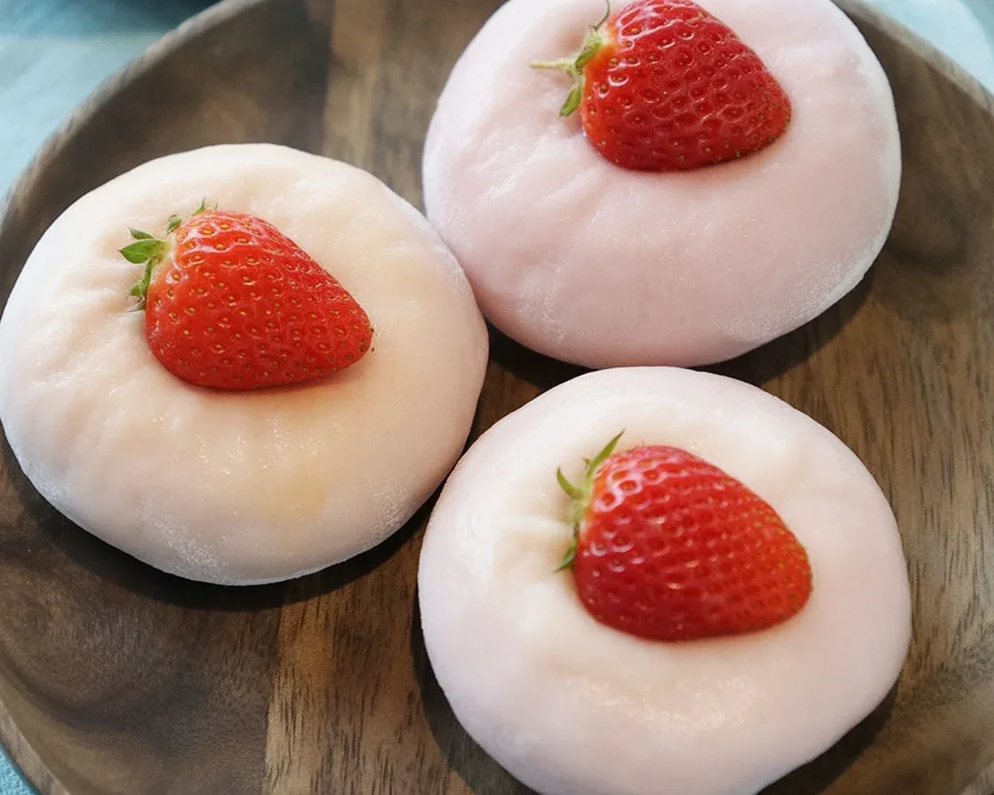 Delicious homemade strawberry mochi dessert with fresh strawberries and mochi dough.
