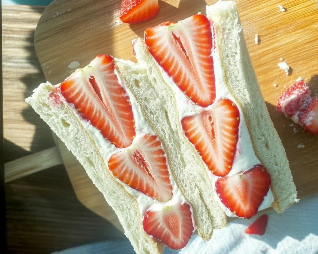 Strawberry Sando, a Japanese fruit sandwich with whipped cream and fresh strawberries in milk bread.