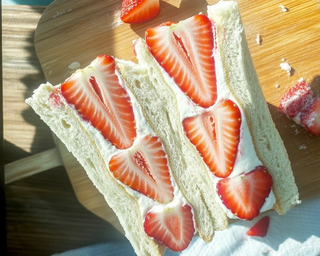 Strawberry Sando, a Japanese fruit sandwich with whipped cream and fresh strawberries in milk bread.