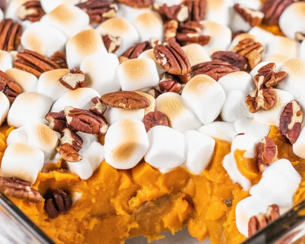Delicious Sweet Potato Casserole with pecan topping served at a holiday dinner