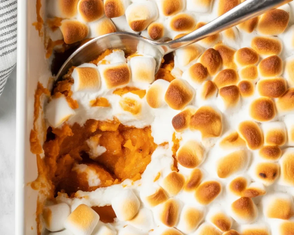 Delicious Sweet Potato Casserole with Marshmallows topped with gooey softness for the holidays.