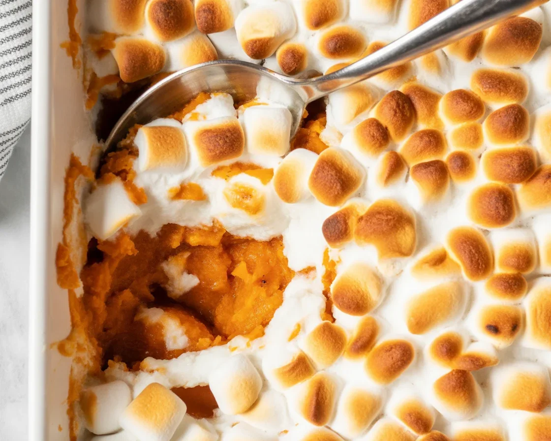 Delicious Sweet Potato Casserole with Marshmallows topped with gooey softness for the holidays.