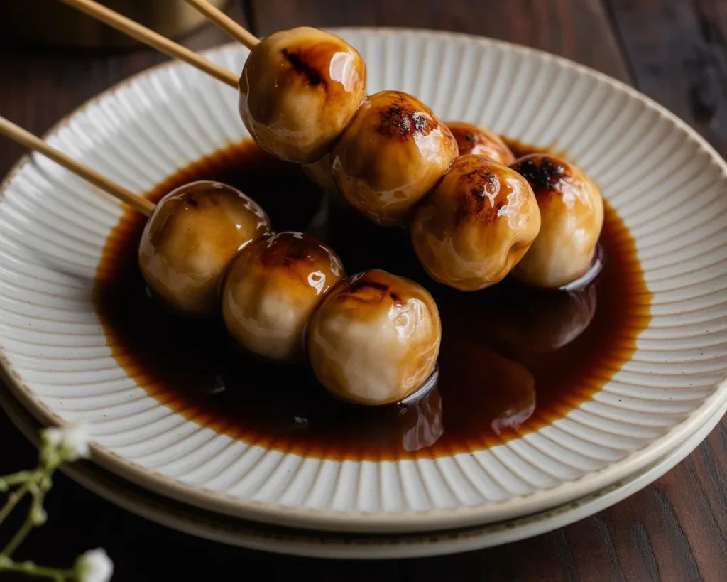 Tofu Mitarashi Dango Sweet Rice Dumplings covered in sweet soy glaze.