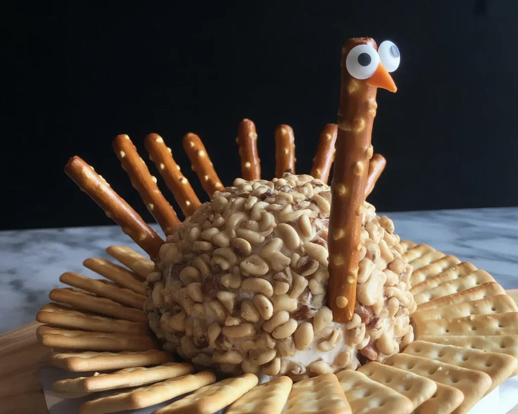 Adorable Turkey Cheese Ball decorated for Thanksgiving with cheese and pretzel feathers.