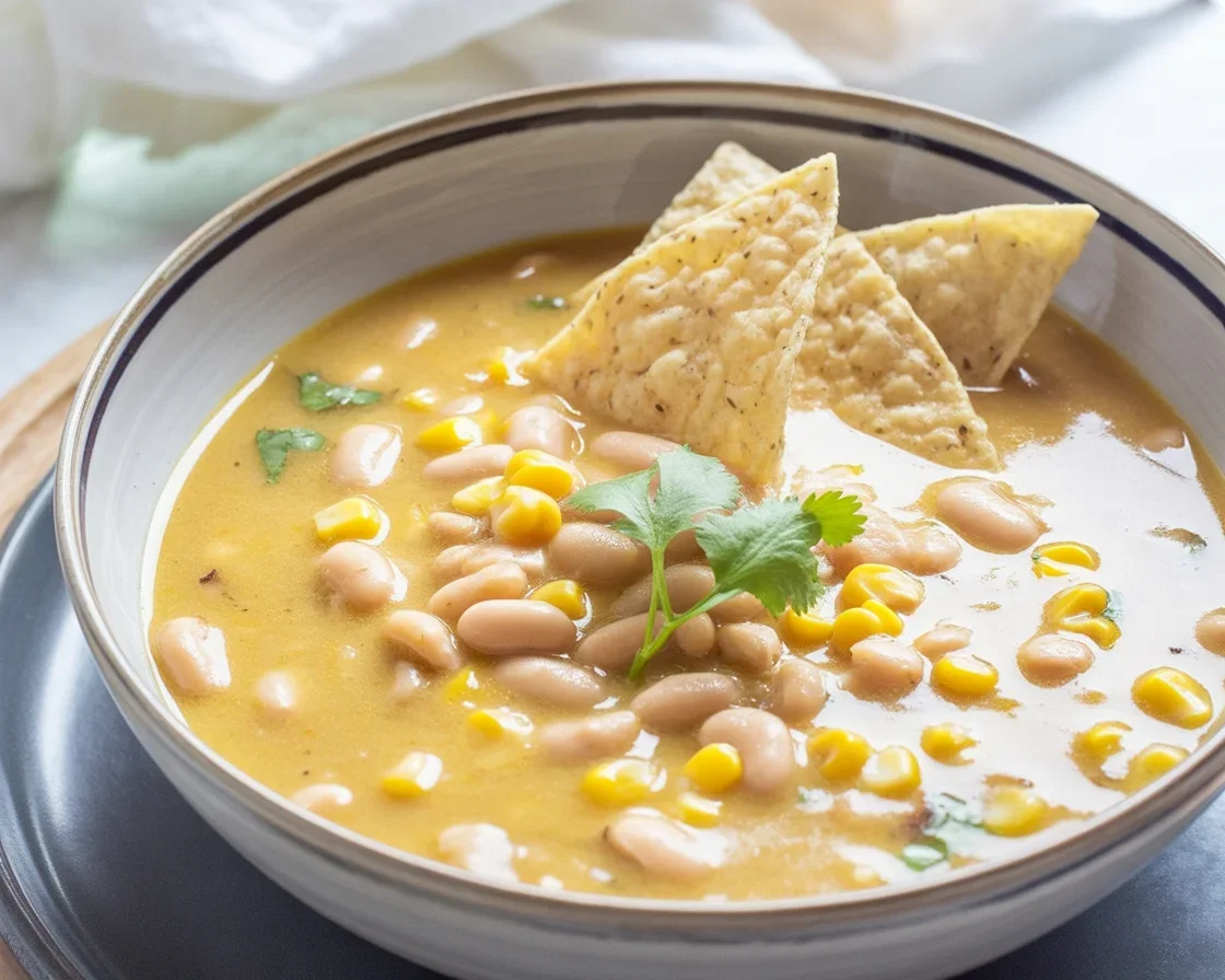 Delicious bowl of creamy Vegan White Bean Chili with Tofu topped with fresh herbs