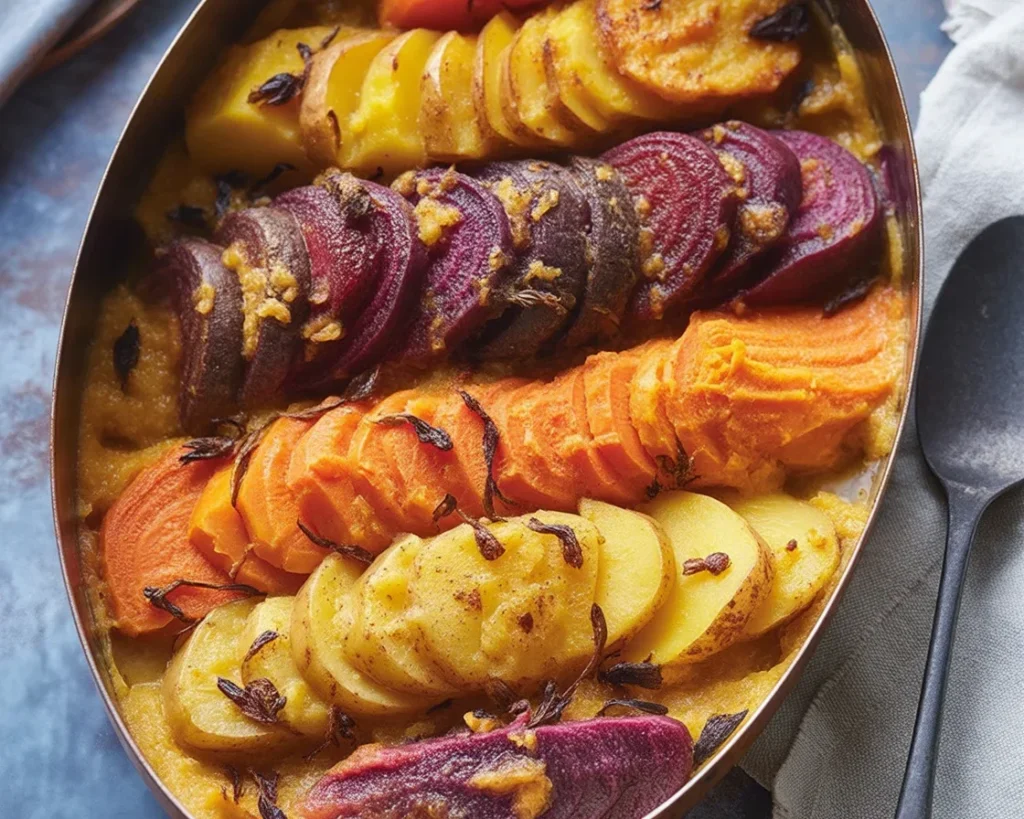 Cheesy Root Vegetable Gratin with layers of sweet potatoes, beets, and parsnips.