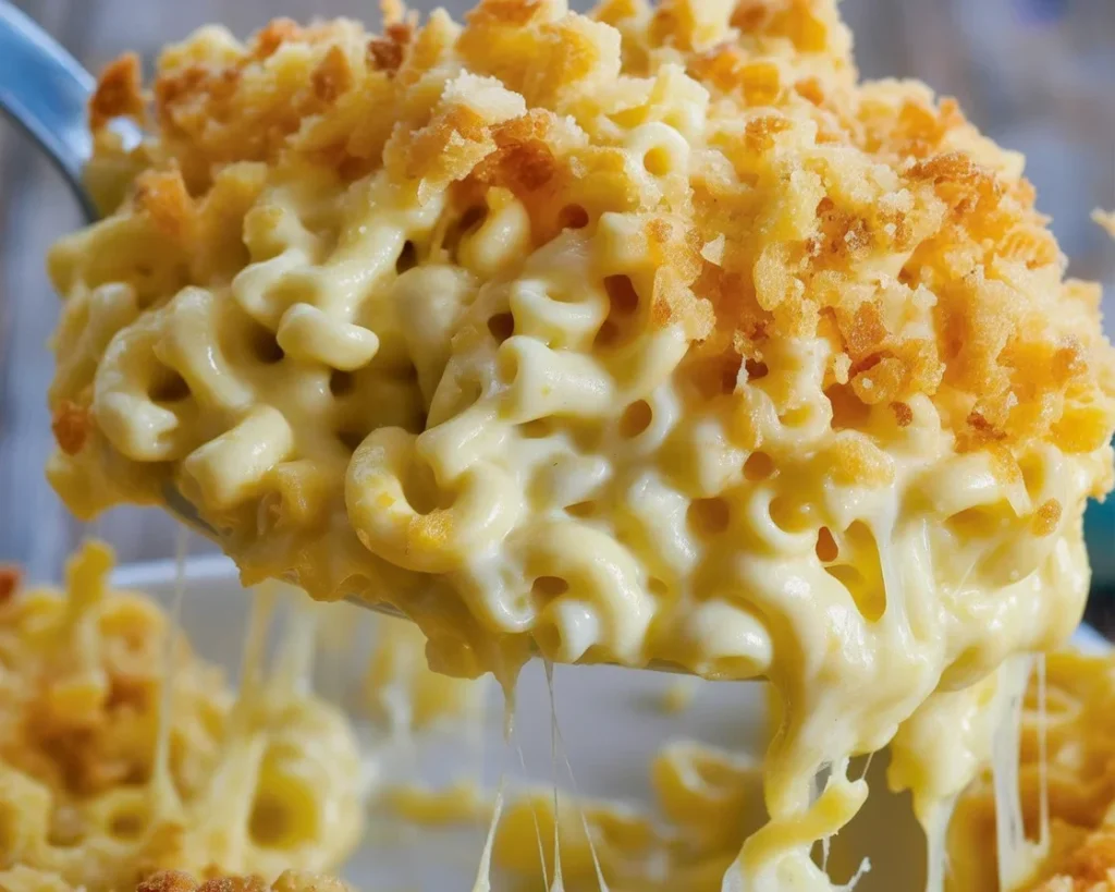 A delicious serving of The BEST Homemade Baked Mac and Cheese topped with Panko-Parmesan.