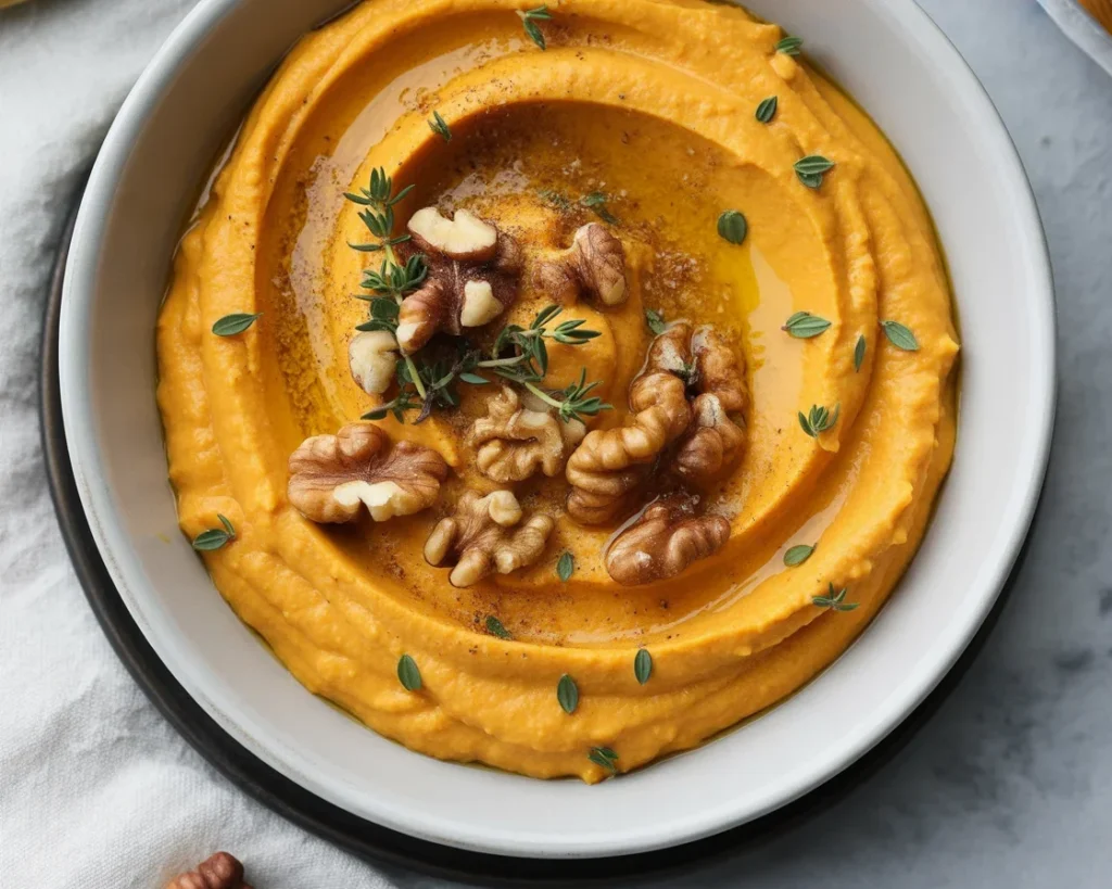 Creamy Pumpkin Whipped Feta Dip garnished with walnuts and thyme, perfect for appetizers.